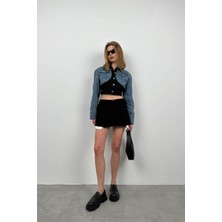 Black Fashion Çift Renkli Crop Denim Ceket