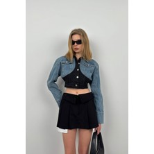 Black Fashion Çift Renkli Crop Denim Ceket