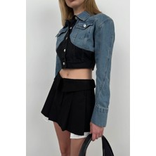 Black Fashion Çift Renkli Crop Denim Ceket