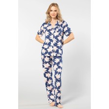 Türen 3355  Kadın Kısa Kollu Gömlek Yaka Pijama Takımı-Lacivert