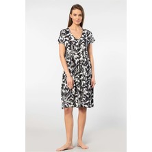 Türen 3602 Kadın Kısa Kollu Dokuma Kloş Elbise-Siyah