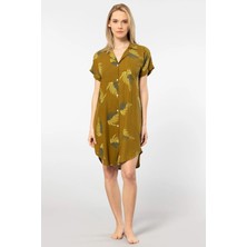 Türen 3601 Kadın Kısa Kollu Dokuma Gömlek Elbise -Haki