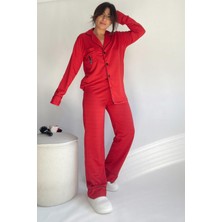 Kırmızı Nakış Detaylı Pijama Takımı