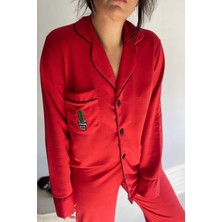 Kırmızı Nakış Detaylı Pijama Takımı