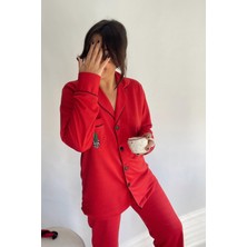 Kırmızı Nakış Detaylı Pijama Takımı