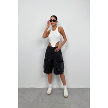 Black Fashion Kargo Cep Bermuda Denim Şort