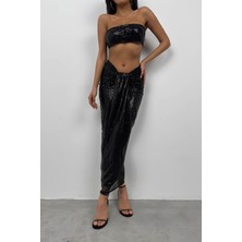 Black Fashion Payetli Straplez Crop Etek Takım