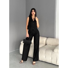 Diaves  Kadın Siyah Modern V Yaka Yelek ve Palazzo Pantolon Takım Elbise