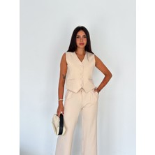 Diaves  Kadın Krem Modern V Yaka Yelek ve Palazzo Pantolon Takım Elbise