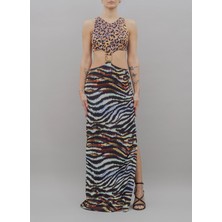 Just Cavalli Kare Yaka Desenli Çok Renkli Uzun Kadın Elbise 76PAO941