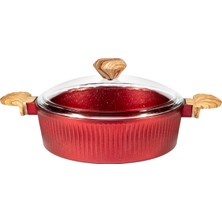 Febern Premium Bio Granit Alüminyum Döküm Nisch Tencere (Metalik Kırmızı-Açık Ahşap Kulp)