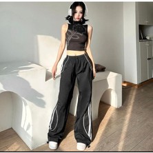 Ategewear Y2K Çizgi Detay Siyah Paraşüt Pantolon