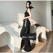 Ategewear Y2K Çizgi Detay Siyah Paraşüt Pantolon