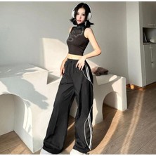 Ategewear Y2K Çizgi Detay Siyah Paraşüt Pantolon