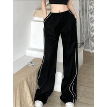 Ategewear Harajuku Zip Detail Black Oversize Şeritli Eşofman Altı