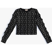 Koton Crop Bluz Uzun Kollu Pencere Detaylı Yuvarlak Yaka