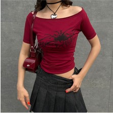 Ategewear Bordo Black Widow Omuzu Açık Spider Kısa Kollu Crop