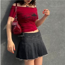 Ategewear Bordo Black Widow Omuzu Açık Spider Kısa Kollu Crop