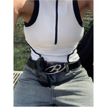 Ategewear Beyaz Sıfır Kol Biyeli Fermuar Detay Crop Top