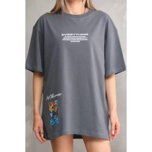 Sem E -Commerce Sem E - Commerce Unisex Bisiklet Yaka Baskılı Oversize T-Shirt - Gri