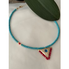 Mi Brillo Accessories Turkuaz Muska Nazar Detaylı Kırmızı Boncuk Kolye