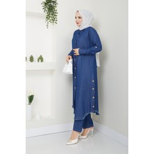 Pamuk Butik Kadın Ahşap Düğme Detaylı Pantolonlu Ikili Kot Takım