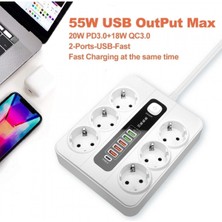 Termal Akım Korumalı 3000W 6 Lı Priz 2 Metre Uzatma Kablosu Çoklu Priz 5 USB 1 Type C Pd Giriş