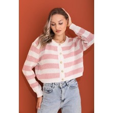 Şimal Kadın Çizgi Desenli Düğme Kapamalı Triko Örme Hırka 245085 -