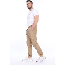 Vikunya Erkek Cargo Bej Rengi Beli ve Paçası Lastikli Kargo Cepli Pantolon Kaliteli Gabardin Kumaş