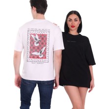 Basium Sırt Baskılı Beyaz Oversize Tişört - Unisex Oversize Beyaz Tshirt