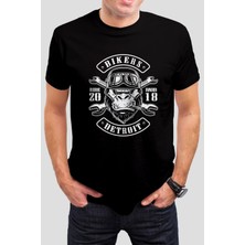 Motorcu Maymun Baskılı Siyah Tişört C837