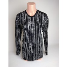 Yaşar Triko Kadın Siyah Krem V Yaka Uzun Kollu Yanları Yırtmaçlı Yazlık Viskon Likralı Anne Penye Tişört Bluz