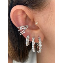 Pinery Jewels Top Incili 4 Sıra Taşlı Kadın Earcuff Kıkırdak Küpe