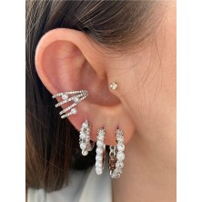 Pinery Jewels Top Incili 4 Sıra Taşlı Kadın Earcuff Kıkırdak Küpe