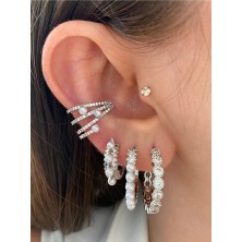Pinery Jewels Top Incili 4 Sıra Taşlı Kadın Earcuff Kıkırdak Küpe