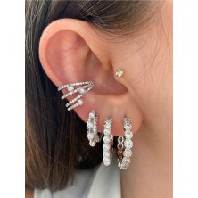 Pinery Jewels Top Incili 4 Sıra Taşlı Kadın Earcuff Kıkırdak Küpe