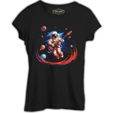 Lord T-Shirt Uzayda Gitar - Astronot Siyah Bayan Tshirt