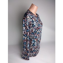 Yaşar Triko Kadın Siyah Mavi V Yaka Uzun Kollu Yanları Yırtmaçlı Yazlık Viskon Likralı Anne Penye Tişört Bluz