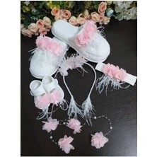 Süslü Tasarım Lohusa Seti: Terlik, Taç, Bebek Patik ve Bandana Pembe Renkli Aksesuarlar