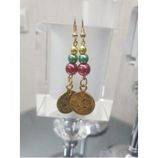 Pinkimaj Cam Incili Gold Küpe Kırmızı Yeşil Küpe Tuğra Model