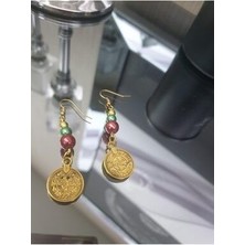Pinkimaj Cam Incili Gold Küpe Kırmızı Yeşil Küpe Tuğra Model
