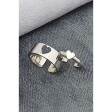 Agai Silver Kalp Motifli Ayarlanabilir Gümüş Çift Alyans Yüzük