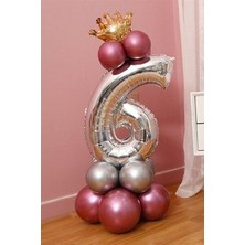 Rakam Balon Karşılama Seti 6 Yaş Parlak Rose Gold Gümüş Renkler Altın Taçlı 6 Rakamlı Balon