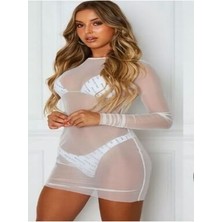 Charango Kadın Likralı Tül Pareo Süper Mini Bodycon Beyaz Plaj Elbise