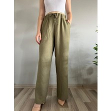 Hazel Kadın Haki Keten Karışımlı Bol Kesim Pantolon