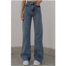 Limabel Orta Kar Mavi Kadın Salaş Likralı 90's Süper Yüksek Salaş Paça Kot Palazzo Pantolon