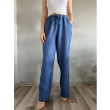 Hazel Kadın Mavi Keten Karışımlı Bol Kesim Pantolon