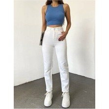 ByCukurovaFrango Kadın Beyaz Mom Jean Yüksek Bel Beyaz Mom Kot Pantolon %100 Natural Pamuk
