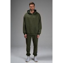 Yakamel Erkek Haki Yeşil Kapşonlu Eşofman Takımı Lastikli Paça 3 Iplik Şardonlu