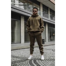 CMZ Collection Erkek Haki Kapşonlu 3 Iplik Kanguru Cep Puf Yüksek Bel Lastikli Eşofman Takımı